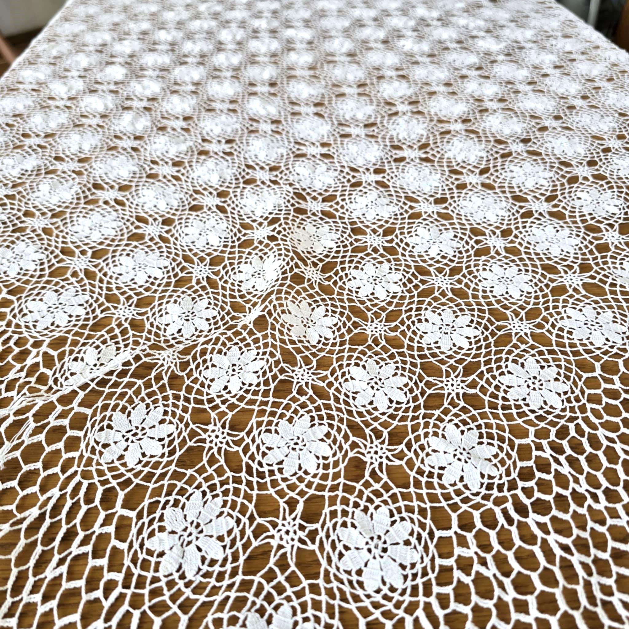 ヴィンテージ手編みホワイトテーブルクロス：1970年代フィレレース、44