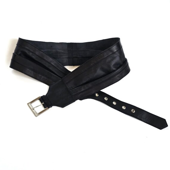 Vintage Black Leather Belt by ZENTO Pleated Very Wide Women Sash