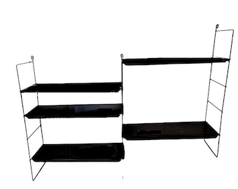 Estantes de pared de metal, estante vintage de los años 70, estanterías de metal negro, almacenamiento moderno de mediados de siglo, muebles de pared retro