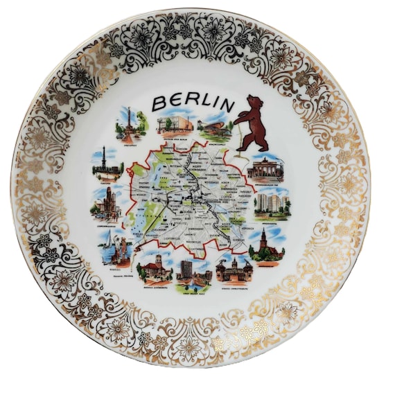 Vintage Jaeger Bavaria Berlin Souvenir Teller Verziert Gold Trim Berlin Karte Bär Wahrzeichen Deutsches Sammlerstück Wand Mantel Regal Dekor Reise Geschenk