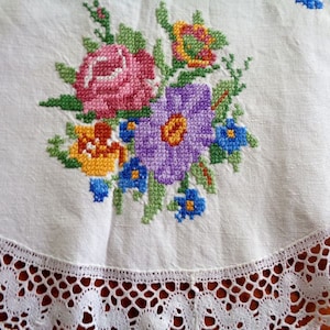 Oval Linen Tablecloth, Floral Embroidered Table Cloth, Table Cover, Crochet Details, Cross Stitch Embroidery, Vintage Rustic Table Linens