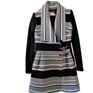 Karen MILLEN Wool Coat, Gray Black Striped, Shawl Collar, Vintage