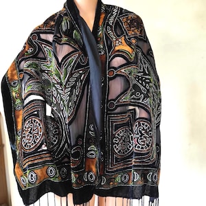 Velvet Fringed Shawl, Black Brown Green Burnout Velvet Scarf, Geometric Long neck scarf, Vintage Evening Shawl