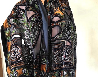 Velvet Fringed Shawl, Black Brown Green Burnout Velvet Scarf, Geometric Long neck scarf, Vintage Evening Shawl