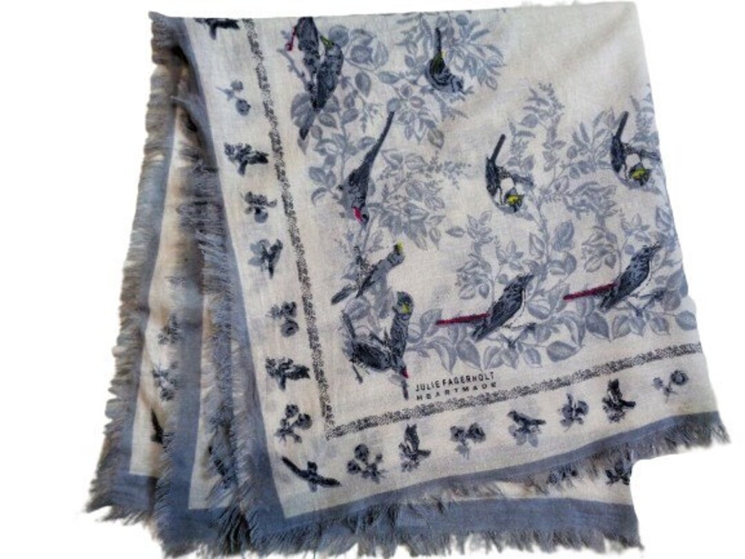 Soft Cotton Square Scarf, Bird Print Head Scarf, Gray, Julie Fagerholt