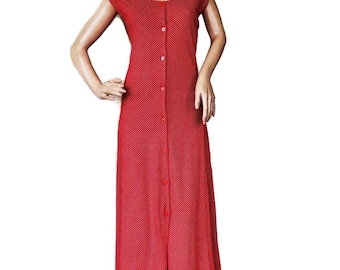 Abito vintage a pois rossi senza maniche con bottoni, midi, in jersey, estivo, casual, da donna, da indossare tutti i giorni