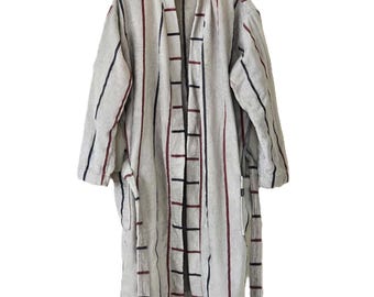 Vintage Cotton Terrycloth Bathrobe Gray Striped Wrap Terry Lounge Spa Robe Belted Loungewear
