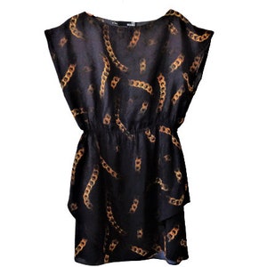 Vintage MOSCHINO Dress, Gold Chain Print, Dolman Mini Dress, Elasticized Waist, 80s Party Dress, Size L