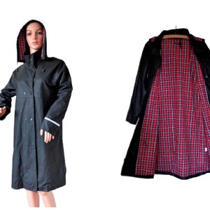 Black Raincoat Slicker, PVC Waterproof Trench Coat Women, Check Tartan Lining, Hooded Long Rain Jacket, SOS Jensen, Vintage Outerwear