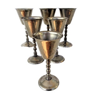 Vintage Silver Plate Wine Goblets Set of 6, Metal Wine Chalice Cups Retro Barware