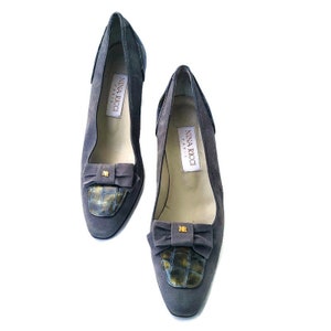 Vintage Nina RICCI Paris Bow Heels Size 7 Gray Green Suede Leather Pumps, French Women Shoes, Office Work Wedding Party Dress Outfit Size 38