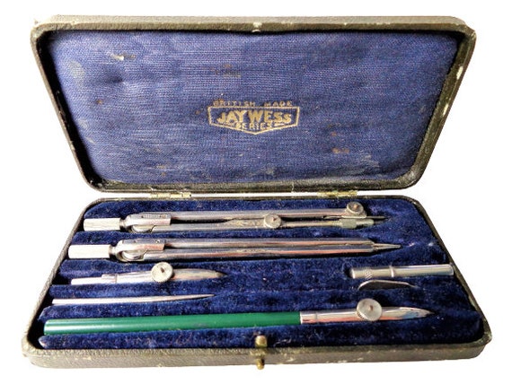 Antique Drafting Instrument Set, English Drawing Tools, Drafting Box,  Compass Tools, Engineering Mathematical Instruments, England, 1930s 