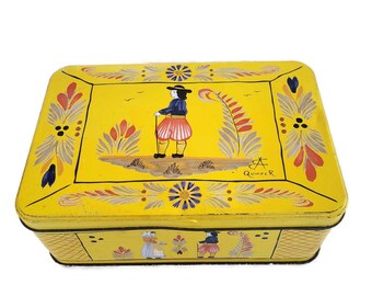 Vintage QUIMPER Tole Tin Storage Box, Lidded Keepsake Lithograph Case Container for Room Bar Cafe Club Decoration Traditional Breton Man