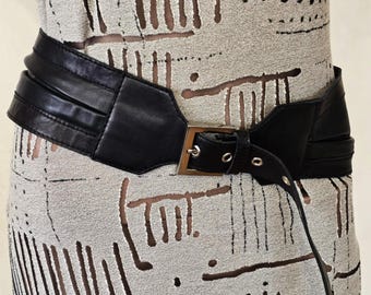 Vintage Black Leather Belt by ZENTO Pleated Very Wide Women Sash