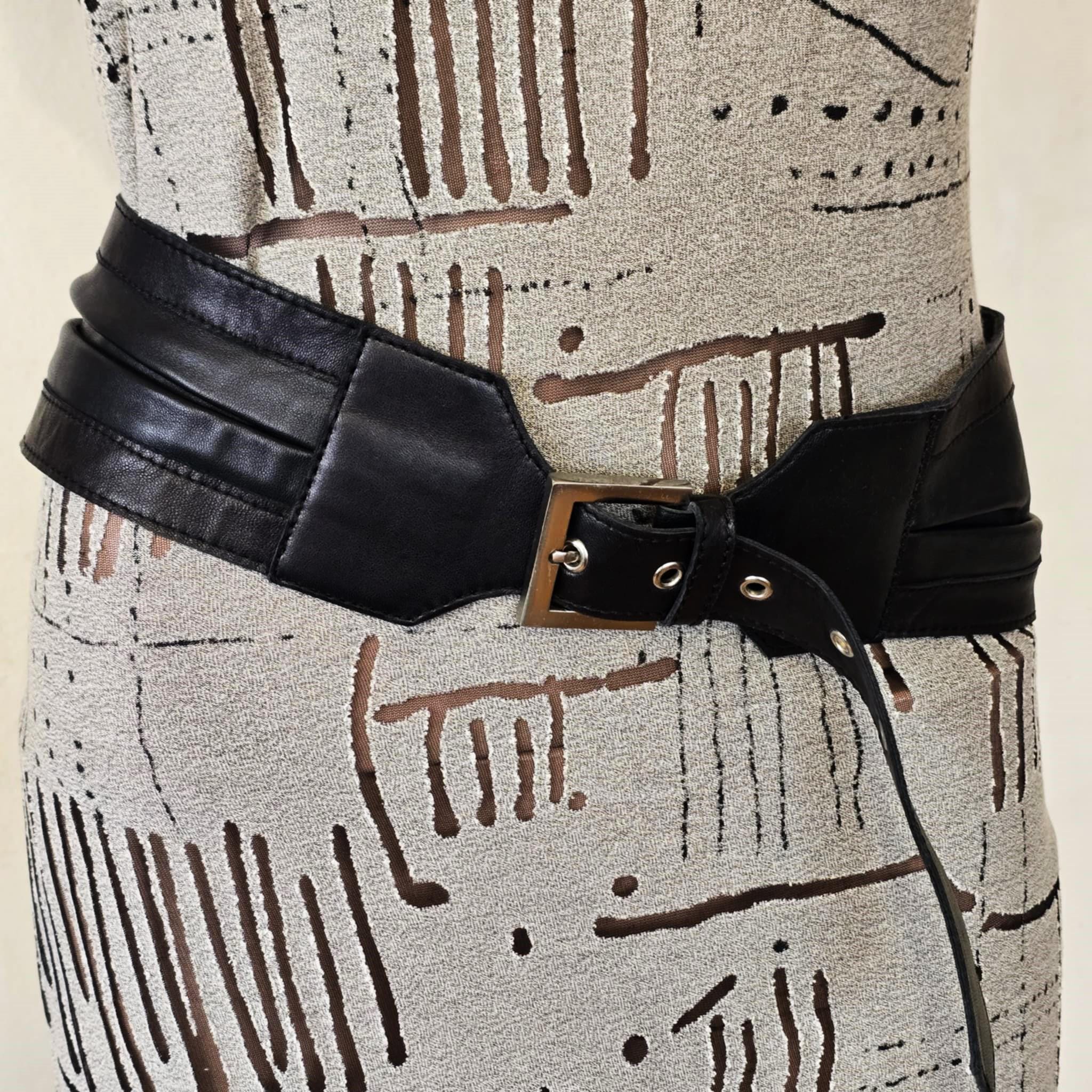 Vintage Black Leather Belt by ZENTO Pleated Very Wide Women Sash
