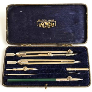 Antique Drafting Instrument Set, English Drawing Tools, Drafting Box, Compass Tools, Engineering mathematical instruments, England, 1930s