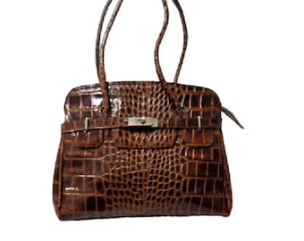 Brown Leather Handbag, Borse in Pelle, Patent Leather Shoulder Bag Embossed, Vintage Italian Bag Purse