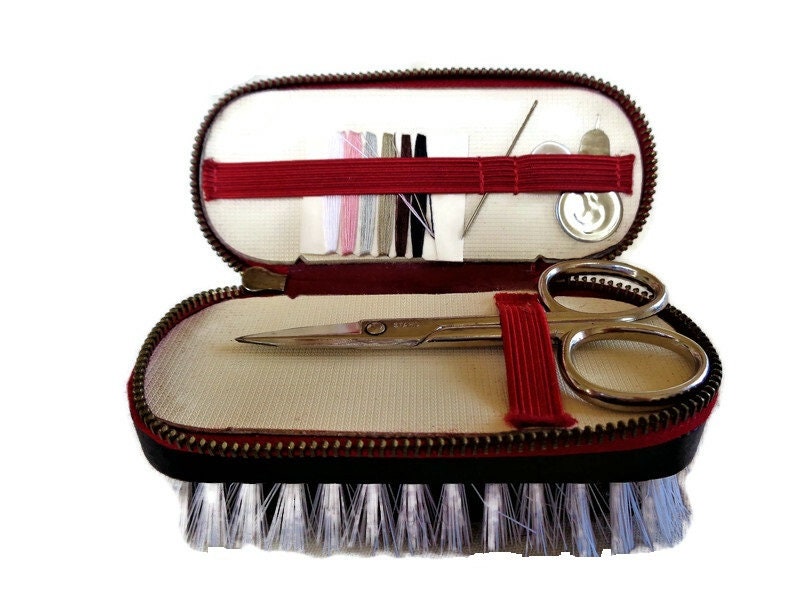 Ensemble étui Couture & Manucure Vintage Simili Cuir - Kit De Voyage Ancien - Occasion
