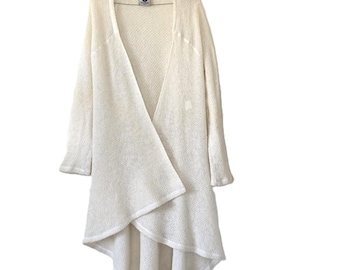 Vintage Icelandic Wool Cardigan Icewear Long Knit Sweater Coat Draped Wrap Jacket Cream Boho Hygge Style Small M L Nordic Made in Iceland
