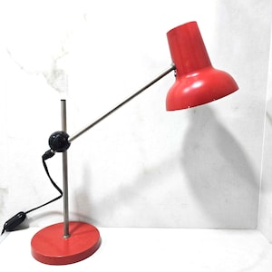 Vintage Adjustable Table Lamp by SIS Germany Red Aluminum Shade Mid-Century Modern Industrial Design Disassembles for Storage