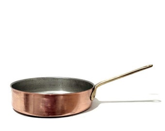 Vintage Copper Frying Pan, Nobel of Sweden Copper Saute pan with Brass Handle, Cooking Casserole Dish Pot Cookware
