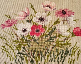 Vintage Needlepoint Panel with Flowers, Pink Green White, for Chair Cover Cushion Case Floral Hand Embroidery Petit Point Needle Crafting