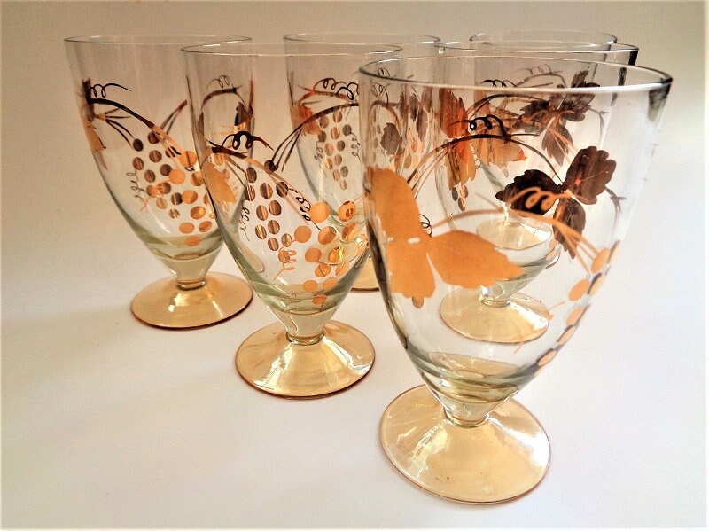 Gold Grape Leaves Wine Glasses Set of 6 Mid Century Barware