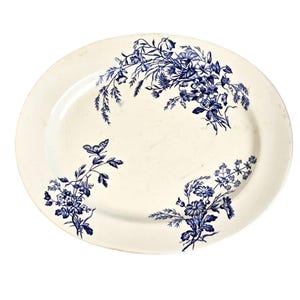Antique Cauldon England SALOPIA Platter, Extra Large 17&#39;&#39; Oval Platter Tray, English Ironstone Blue Transferware with Botanical Motifs