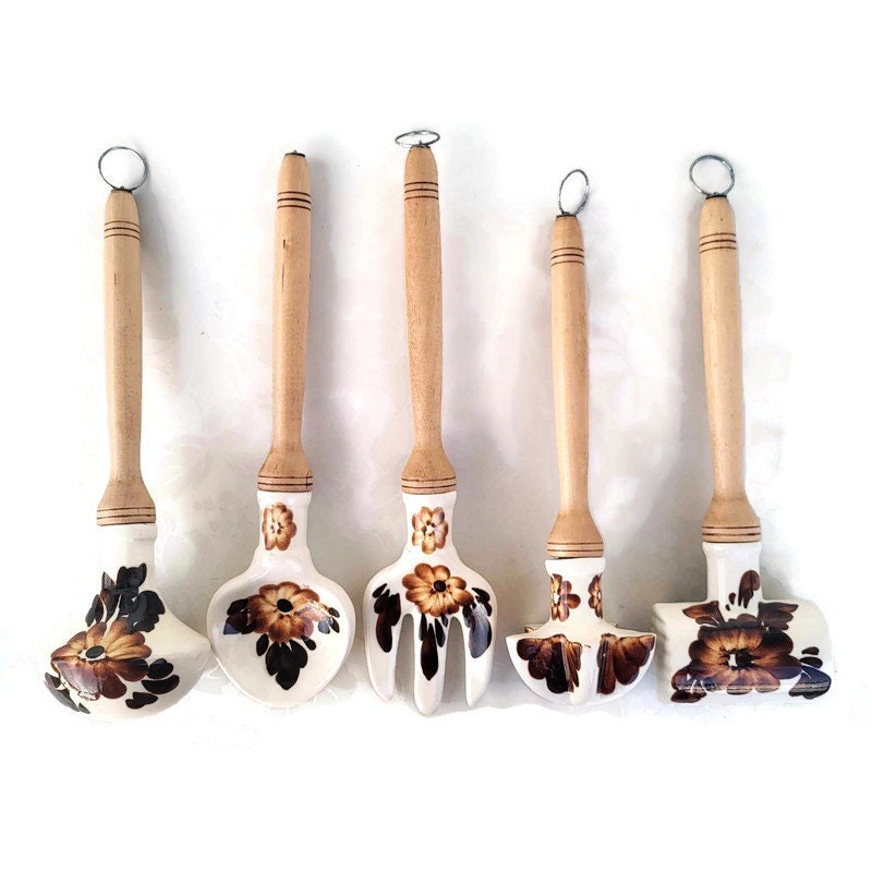 Porcelain Kitchen Utensils with Wooden Handle for Cooking Serving Vintage 1970s Polish Cookware Tool Set Wall Hanging Rustic Kitchen Decor