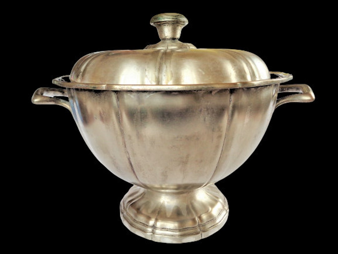 Antique Silver Pedestal Bowl With Lid, Serving Casserole Dish, Large