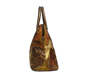 BRACCIALINI Leather Handbag, Gold Brown, Patchwork Applique 