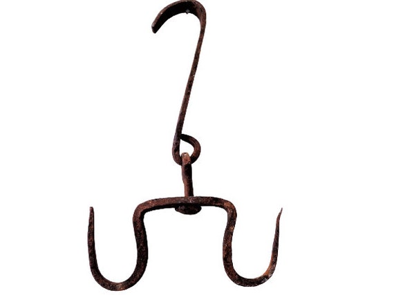 Antique 1900s Meat Hook Hanger, Hand Forged Wrought Iron Rustic