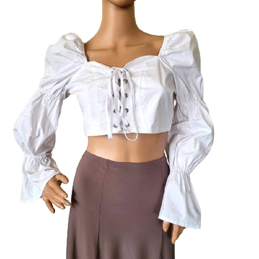 Weiß Baumwolle Crop Top Schnüren Langarm Bluse Versammelt Puff Frühling Sommer Casual Frauen Outfit Vintage