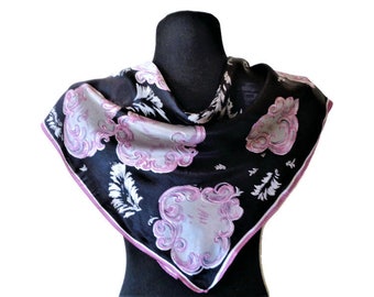 Vintage Satin Scarf, Black Purple Lavender Head Scarf, Black Pink Floral Scarf, 60s Fashion Scarf