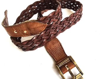 VTG Brown Leather Woven Raffia Braided Belt Raffia Woven Vintage Belt - Plaited - Tan Brown Leather - S  main image 2