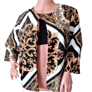 Baroque Print Blazer, Vintage Women Jacket, Baroque Print, Gold Yellow Black, Size XXL
