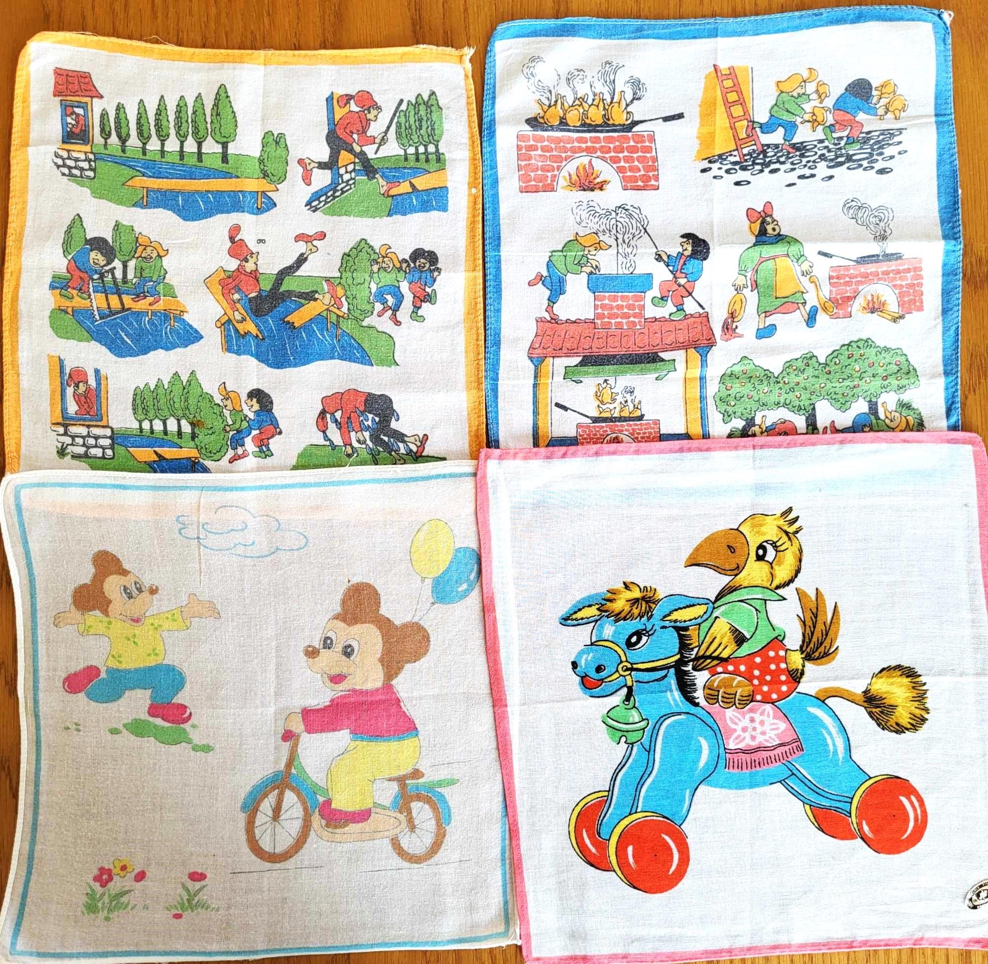 Vintage 60s 70s Children Hankies set of 4 Kid Handkerchiefs with Cartoon Characters Nostalgic Collectibles Vibrant Cotton Design