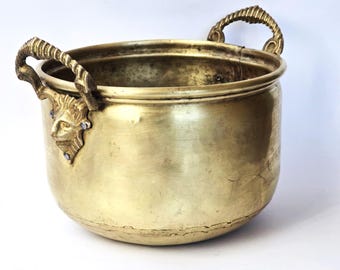 Vintage messing plantenbak met handgrepen leeuwenkop, grote jardiniere