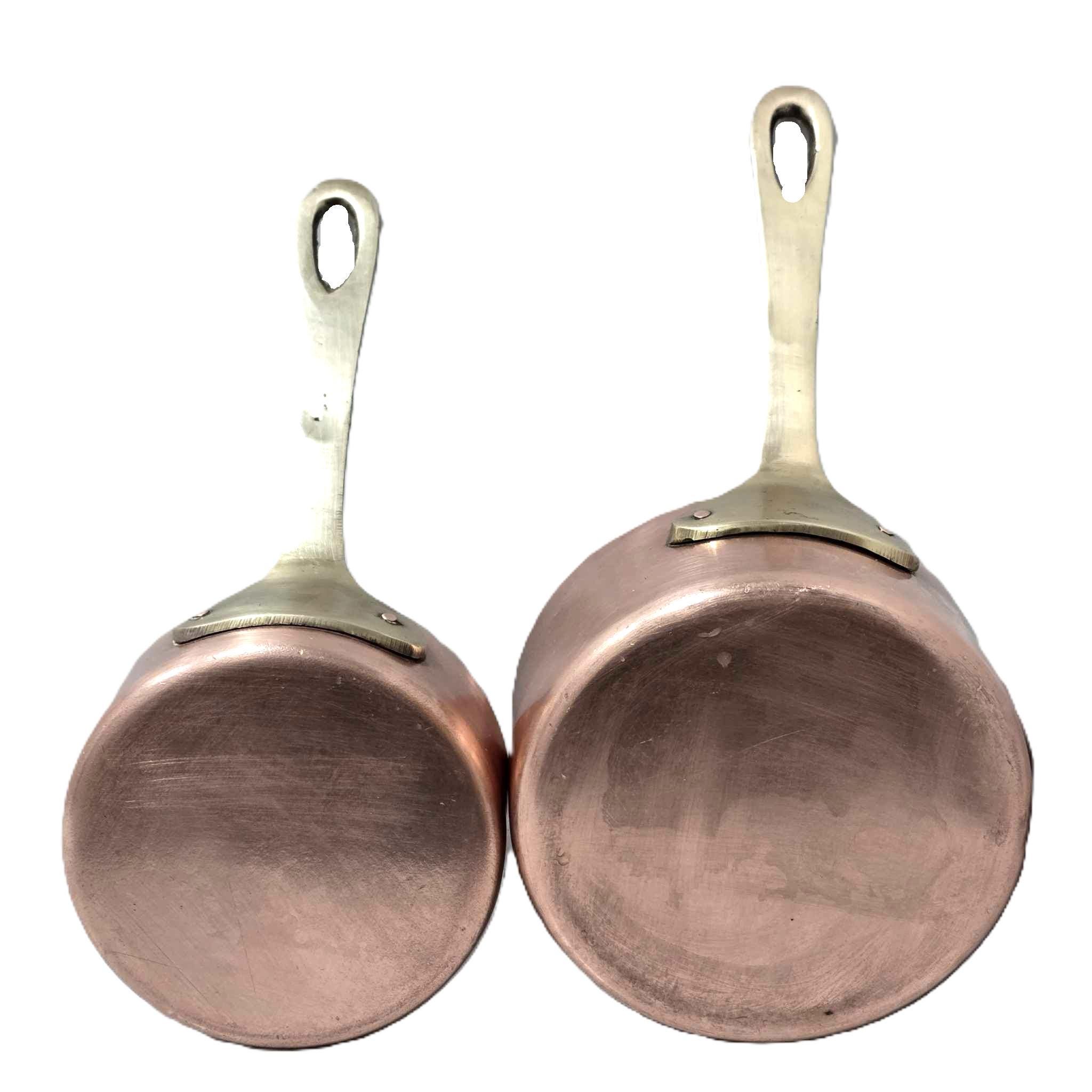 Vintage 1960s French Copper Saucepan Set of 2 with Brass Handles Mid Century Cookware for Rustic Farmhouse Kitchen Decor Cooking Display