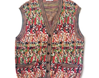 Men Knit Vest Sleeveless Cardigan Sweater MISSONI Multicolor Cotton Knitwear, Vintage Rainbow Clothing DAMAGED for Repair