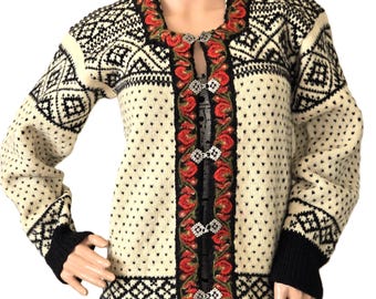 Vintage Nordic Wool Cardigan Norwegian Lusekofte Knit Sweater with Pewter Clasps Floral Trim Scandinavian Heavy M L