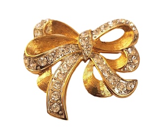 Broche Vintage Ruban Noué Strass Et Pampilles – Dorée En Alliage – Très Bon état