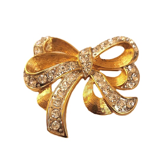 大人気アイテム Vintage Gold Tone Shiny Clear Crystal Bow Brooch Pin その他