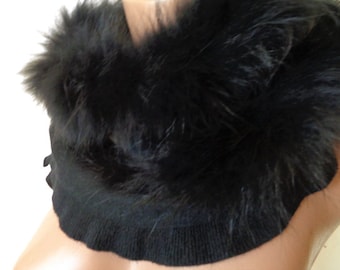 Knit Fur Scarf, Real Fox Fur Black Knitted Scarf, Winter Women Scarf, Fox Fur Neck Warmer, Long Slim Scarf, Skinny Scarf