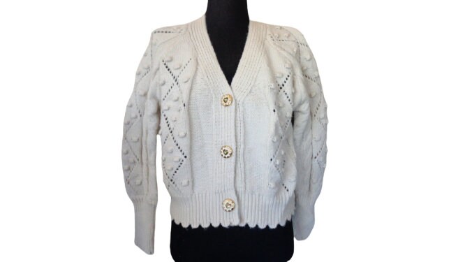 French Mod Cardigan Sweater, Bobble Cable Knit Soft White Wool, Warm Winter  Top for Women Size M L