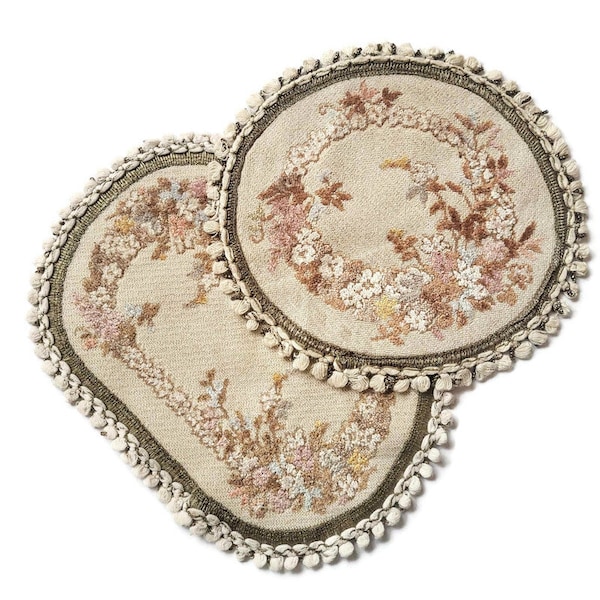 Vintage Belgium Jacquard Tapestry Doilies Set Oval Round Table Mat Decorative Velvet Floral Design Beige Pink Pastel with Gold Metallic Lace