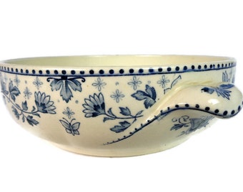 Antique 1800s Deep Bowl,  Sarreguemines France, French Faience Vegetable Bowl, Blue Transferware Dish