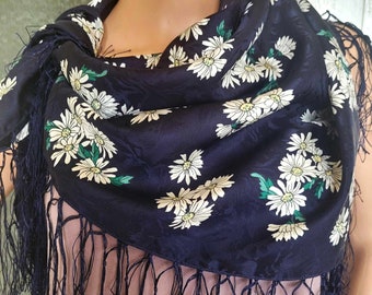 Fringed Jacquard Silk Scarf Daisy Flower Pattern Navy almost Black Square Women Scarves for Head Hair Neck Trachten Dirndl Outfit