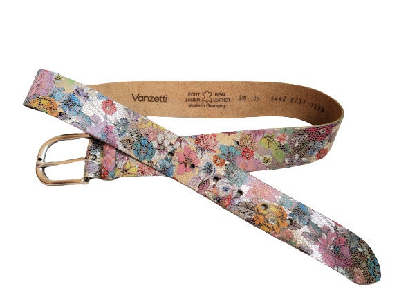 Vanzetti Women Leather Belt, Multicolor Floral Print Silver Pin