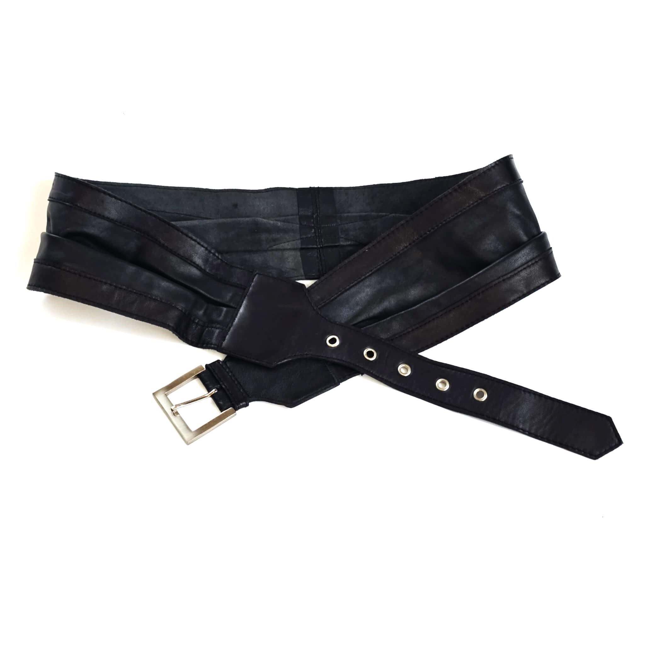 Vintage Black Leather Belt by ZENTO Pleated Very Wide Women Sash
